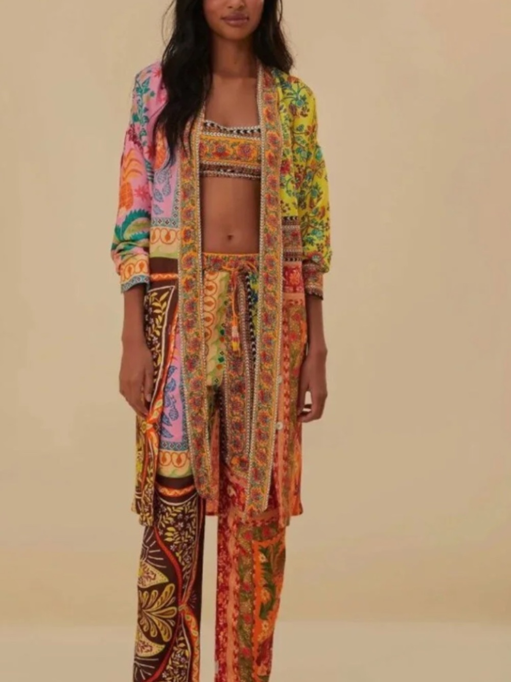 FARM Rio Vibrant Patchwork Tie-Neck Midi Dress/jacket. Beautiful piece oversized - Picture 2 of 4